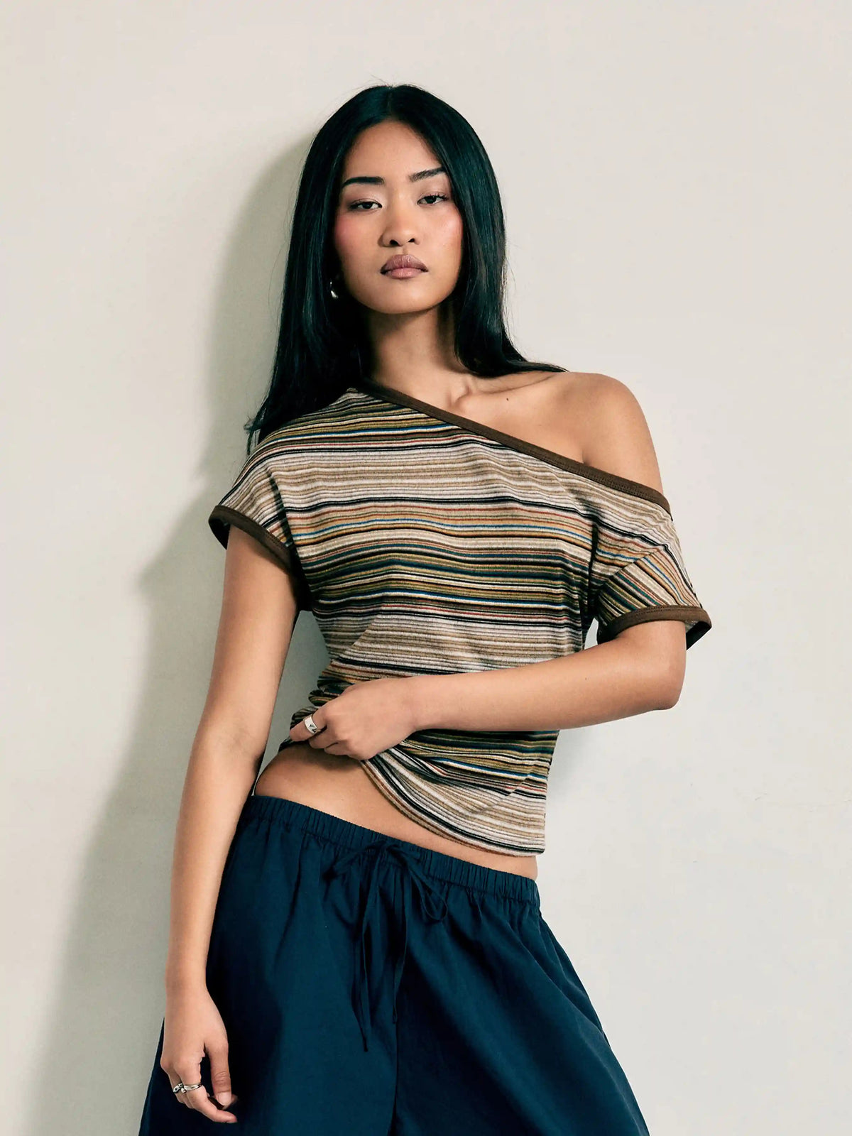 Striped Asymmetrical Neck Short Sleeve Top