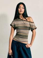 Striped Asymmetrical Neck Short Sleeve Top