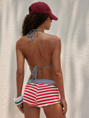 Striped Halter Neckline Starfish Detail 3 Piece Bikini Set With Shorts