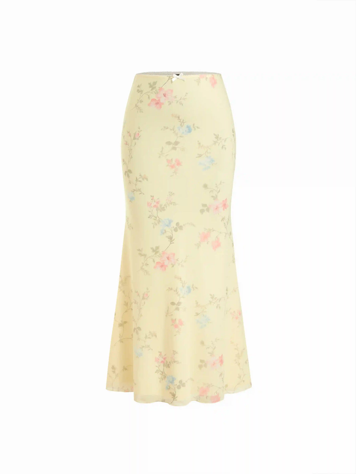 Mesh Mid Rise Floral Bowknot Lettuce Trim Mermaid Maxi Skirt