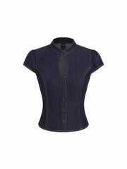 Washed Denim Stand Collar Puff Sleeve Ruched Cut Out Blouse