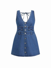 Cider Denim V-Neck Metal Detail Oversized A-line Mini Dress Curve & Plus