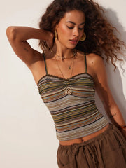 Stripe Sweetheart Neck Lace Trim Ruched Cami Top