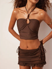 Halter Neckline Knotted Beaded Tankini Tie Side 3 Piece Bikini Sets