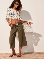 Knit Crochet Asymmetrical Neck Hollow Out Oversized Cape Top