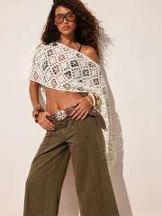 Knit Crochet Asymmetrical Neck Hollow Out Oversized Cape Top