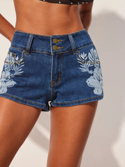 Washed Stretch Denim Low Rise Floral Graphic Metal Detail Micro Shorts