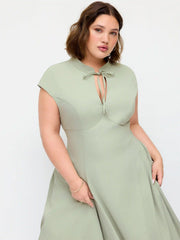Stand Collar Tie-Neck Draped Pocket Flared Maxi Dress Curve & Plus