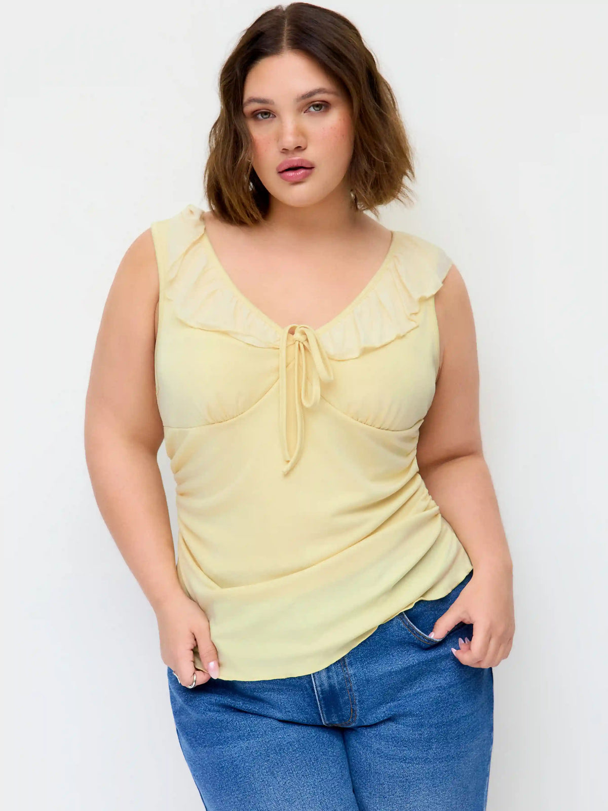 V-neck Ruffled Bowknot Ruched Tank Top Curve & Plus