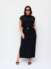 Round Neckline Split Straight Maxi Dress With Belt Curve & Plus