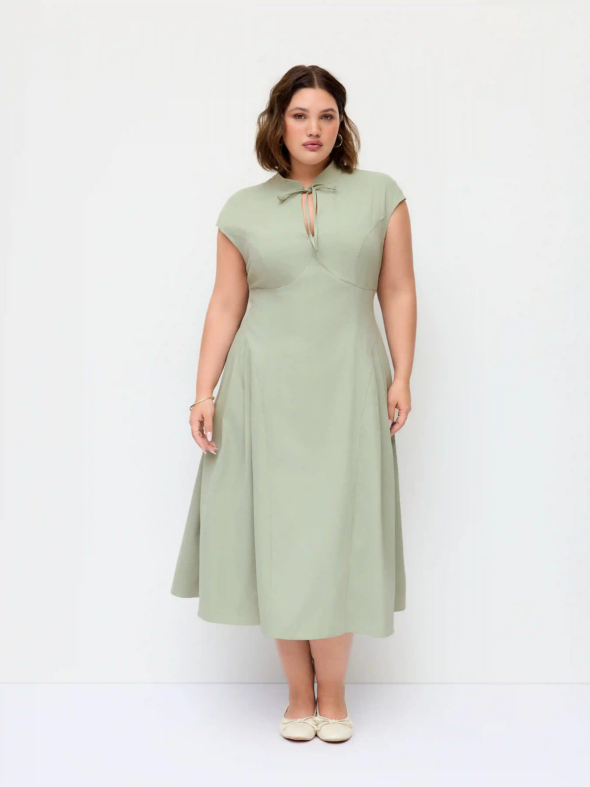 Stand Collar Tie-Neck Draped Pocket Flared Maxi Dress Curve & Plus