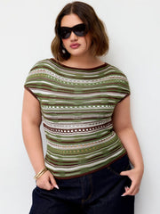 Knit Striped Pointelle Boat Neck Short Sleeve Top Curve & Plus