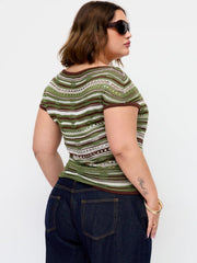 Knit Striped Pointelle Boat Neck Short Sleeve Top Curve & Plus