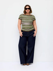Knit Striped Pointelle Boat Neck Short Sleeve Top Curve & Plus