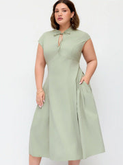 Stand Collar Tie-Neck Draped Pocket Flared Maxi Dress Curve & Plus
