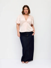 Lace Trim V-Neck Drawstring Short Sleeve Blouse Curve & Plus