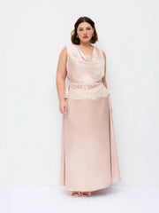 Satin Cowl Neck Lace Panel Top & Mid Rise Flared Maxi Skirt Set Curve & Plus