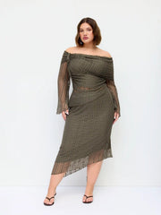 Textured Off-shoulder Top & Mid Rise Midi Skirt Set Curve & Plus