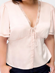 Lace Trim V-Neck Drawstring Short Sleeve Blouse Curve & Plus