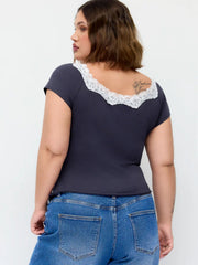 Cotton-blend Round Neck Lace Lettuce Trim Short Sleeve Top Curve & Plus