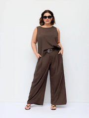 Striped Sleeveless Top & Mid Rise Wide Leg Belted Trousers Set Curve & Plus