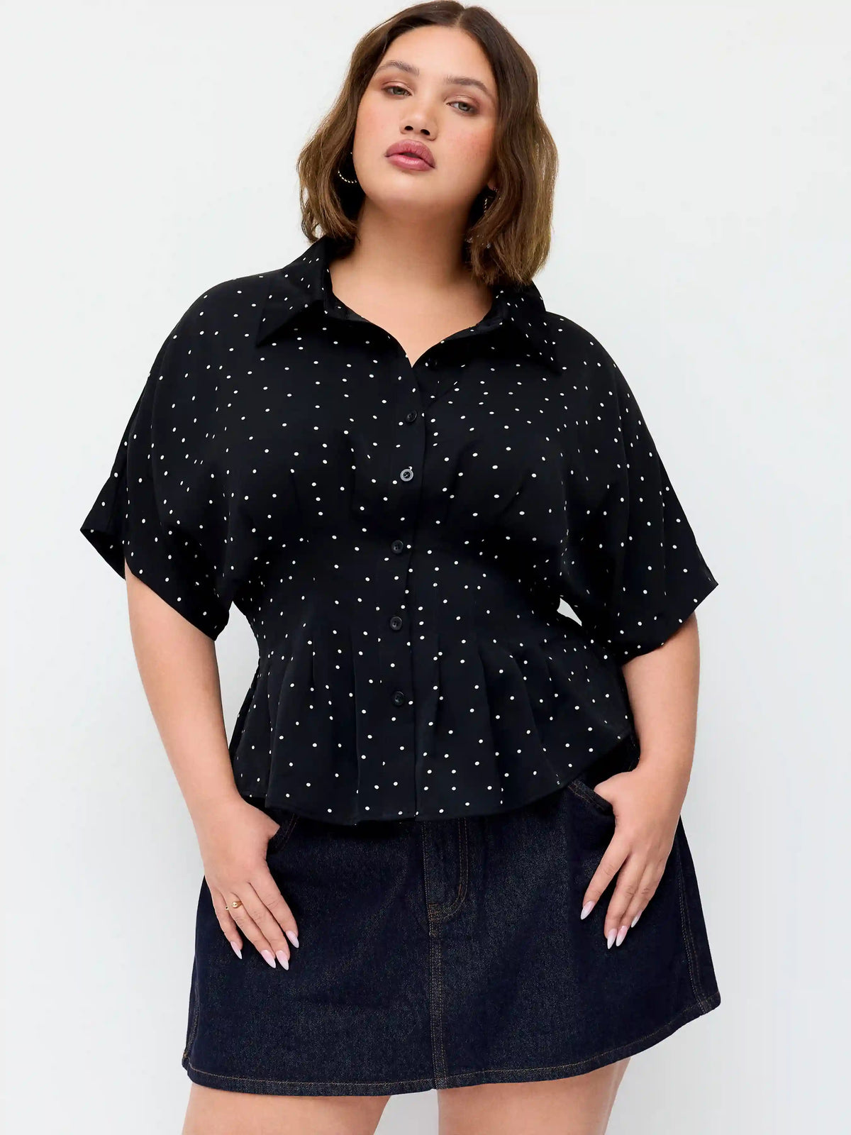 Polka Dot Ruched Cinched Waist Batwing Sleeve Blouse Curve & Plus