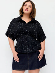 Polka Dot Ruched Cinched Waist Batwing Sleeve Blouse Curve & Plus