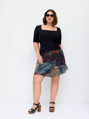 Chiffon Mid Rise Aztec Asymmetrical Knotted A-line Mini Skirt Curve & Plus