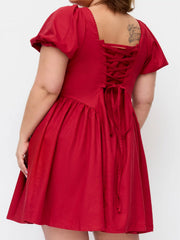 Linen-blend Sweetheart Neckline Puff Sleeve Ruched Babydoll Mini Dress Curve & Plus