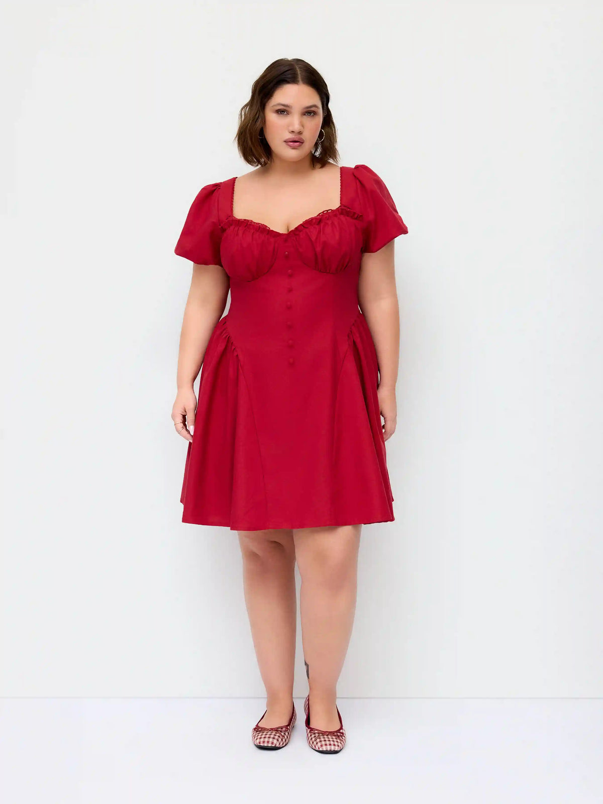 Linen-blend Sweetheart Neckline Puff Sleeve Ruched Babydoll Mini Dress Curve & Plus