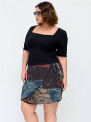 Chiffon Mid Rise Aztec Asymmetrical Knotted A-line Mini Skirt Curve & Plus