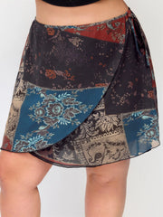 Chiffon Mid Rise Aztec Asymmetrical Knotted A-line Mini Skirt Curve & Plus