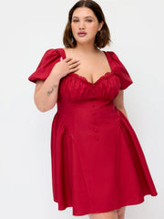 Linen-blend Sweetheart Neckline Puff Sleeve Ruched Babydoll Mini Dress Curve & Plus