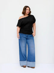 Cotton-blend Asymmetrical Neck Studded Tee Curve & Plus