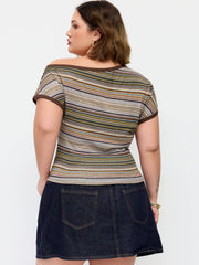 Striped Asymmetrical Neck Short Sleeve Top Curve & Plus