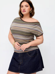 Striped Asymmetrical Neck Short Sleeve Top Curve & Plus