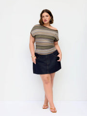 Striped Asymmetrical Neck Short Sleeve Top Curve & Plus