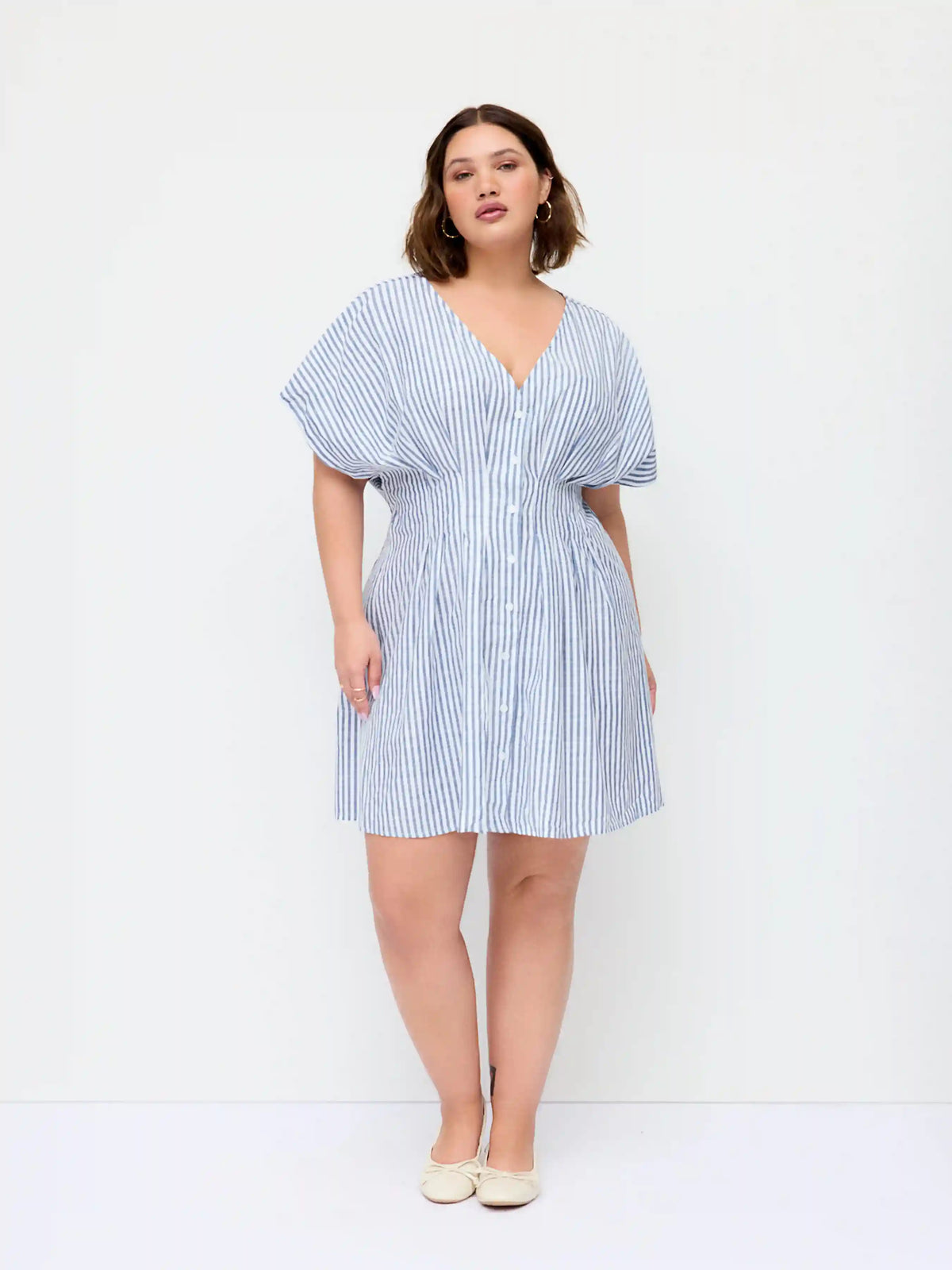 Cotton-blend V-neck Stripe Pleated Cinched Waist Mini Dress Curve & Plus