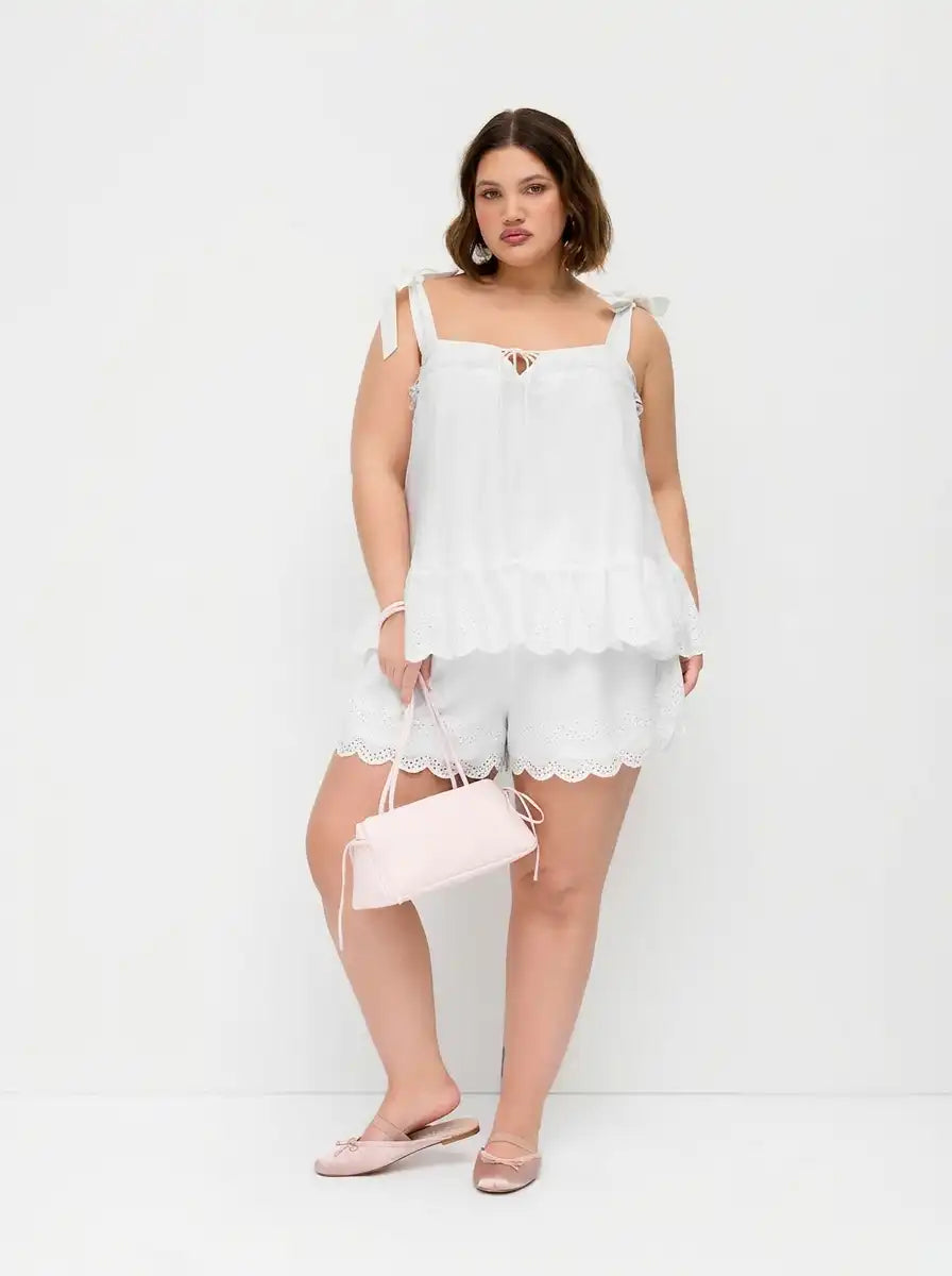 Cotton Broderie Anglaise Lace Trim Bowknot Top & Mid Rise Elastic Waist Shorts Set Curve & Plus