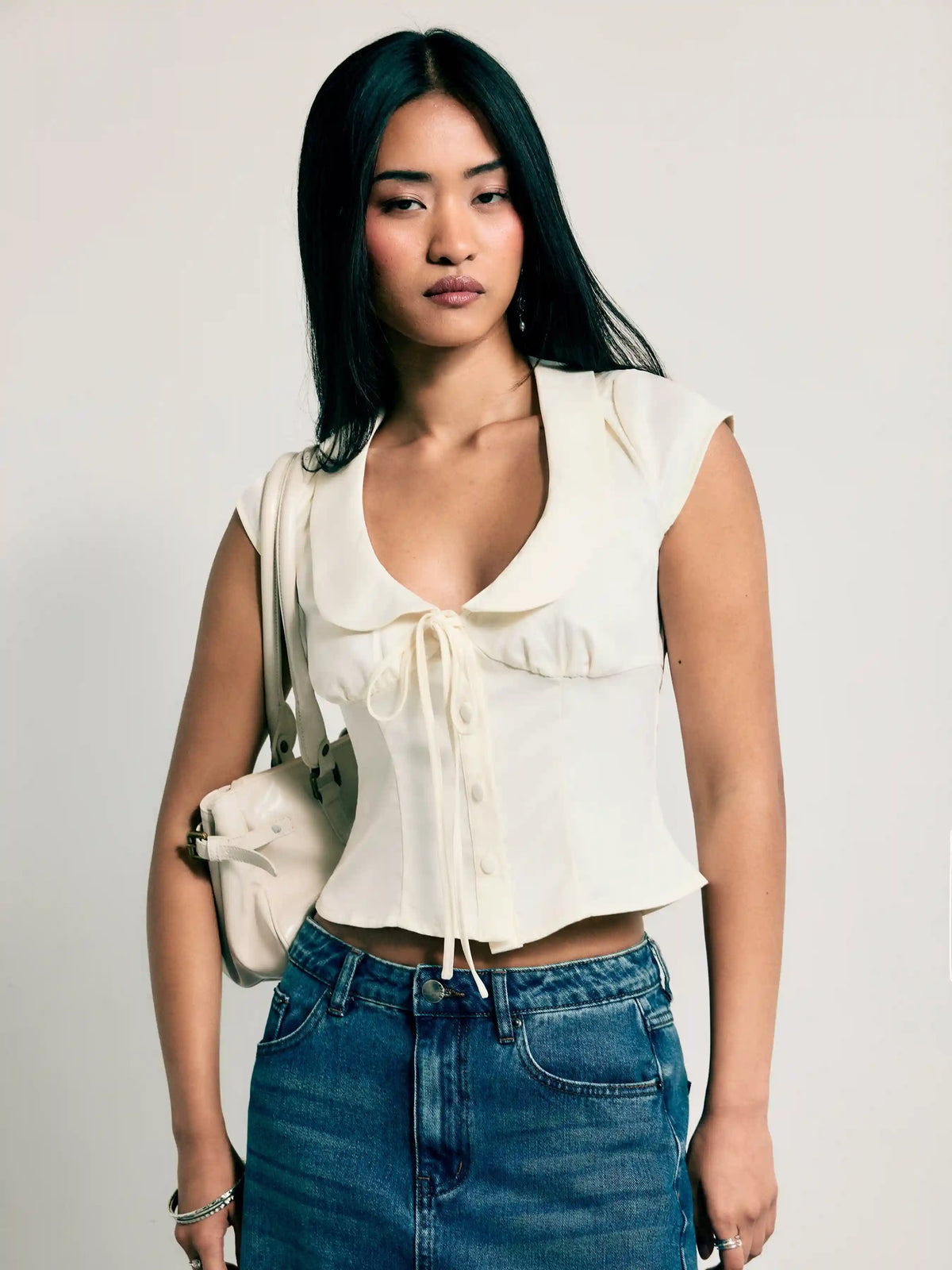 Satin Peter Pan Collar Knotted Crop Blouse
