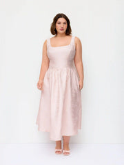 Jacquard Sculptural Square Neck Lace Up Ruffled Flared Maxi Dress Curve & Plus