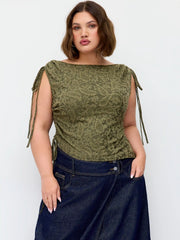 Jacquard Boat Neck Drawstring Ruched Asymmertrical Top Curve & Plus
