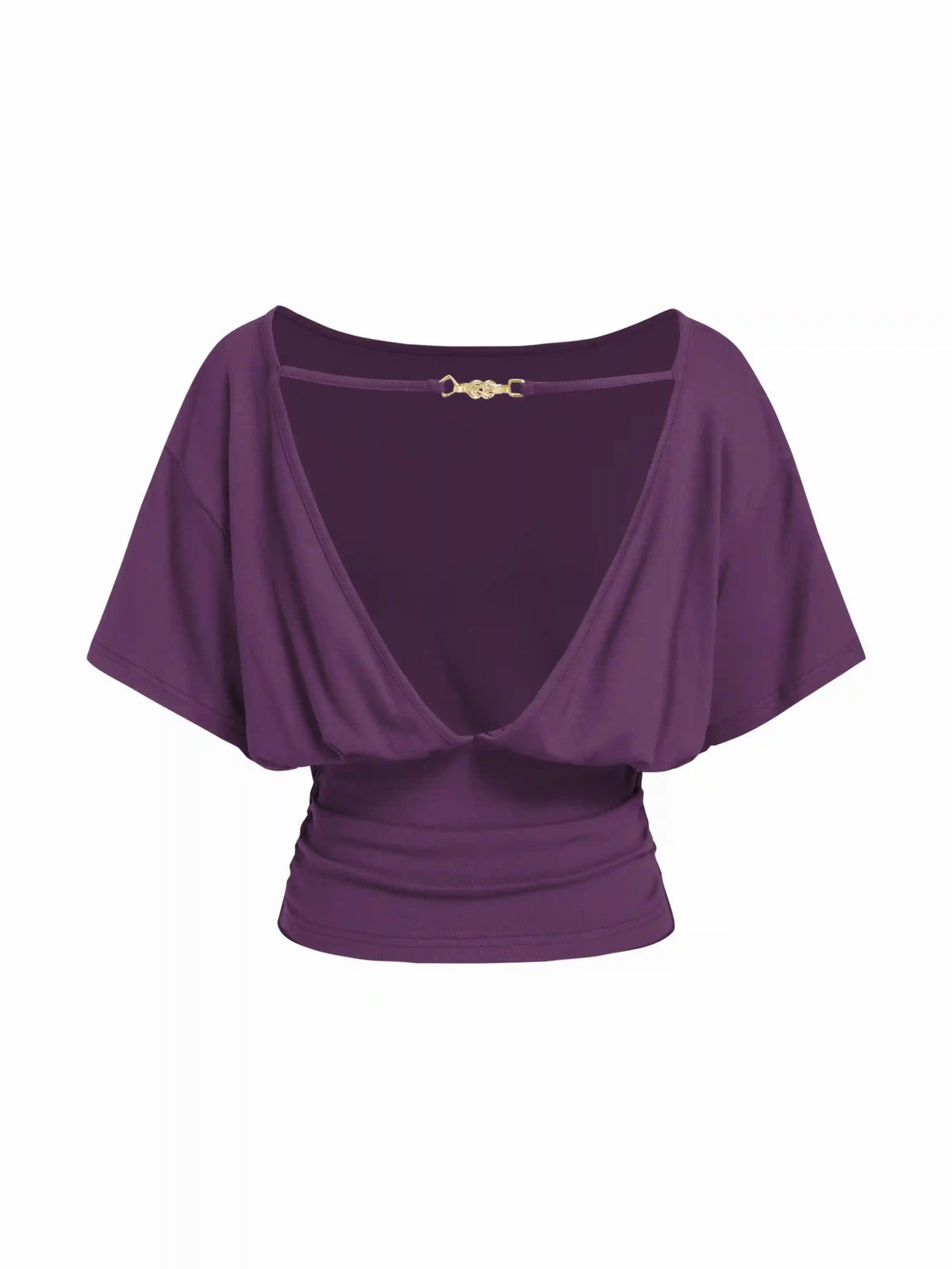 Boat Neck Batwing Sleeve Backless Drawstring Metal Detail Oversized Crop Tee