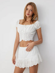 Cotton-blend Broderie Anglaise Off-shoulder Top & Mid Rise Mini Skirt Set