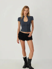 Cotton-blend Gingham Scoop Neck Puff Sleeve Ruched Drawstring Blouse