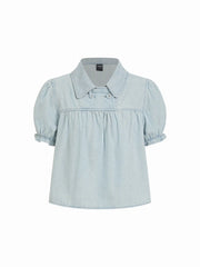 Denim Striped Washed Short Puff Sleeve Drawstring Oversized Blouse