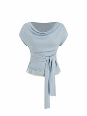 Knit Wool-blend Cowl Neck Lace Trim Tie Front Short Sleeve Top