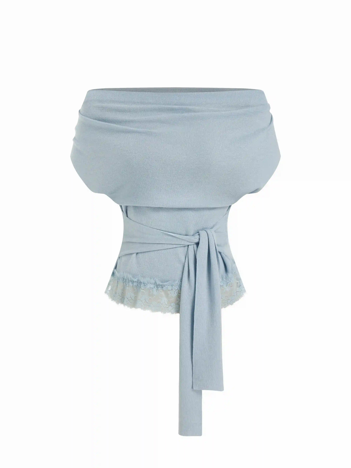 Knit Wool-blend Cowl Neck Lace Trim Tie Front Short Sleeve Top