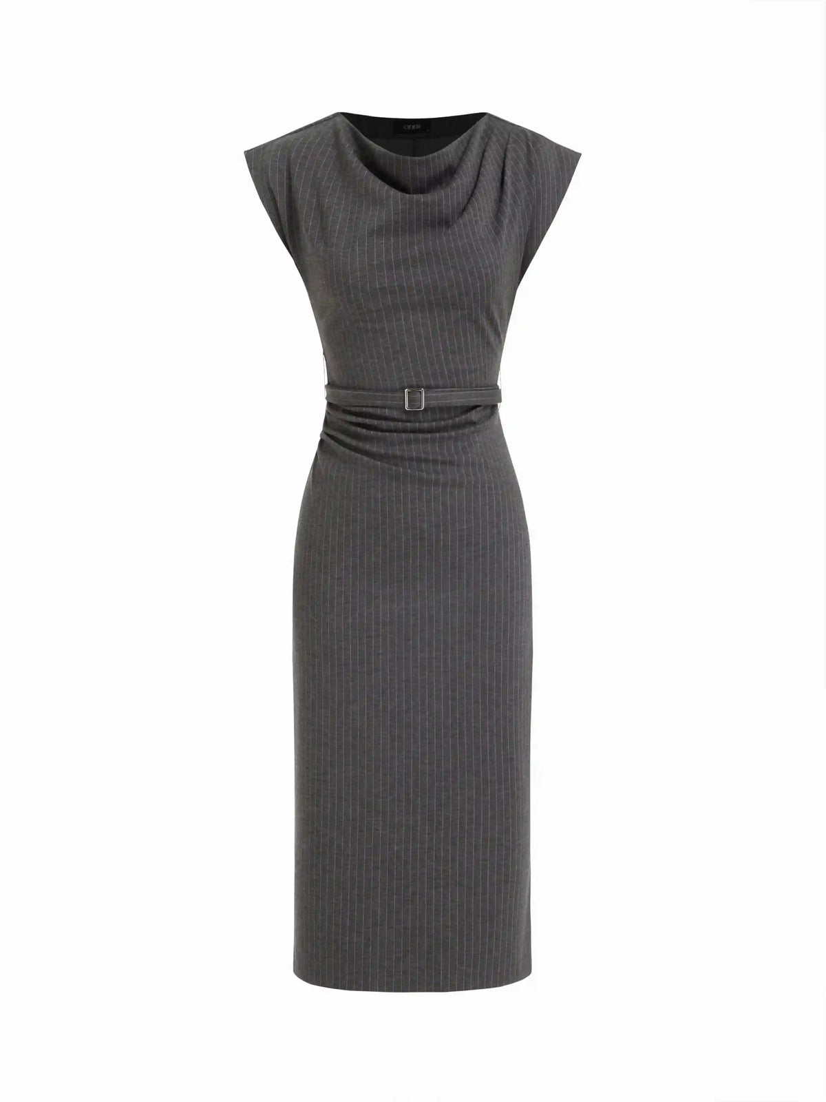 Striped Cowl Neck Belted Ruched Straight Midi Dress