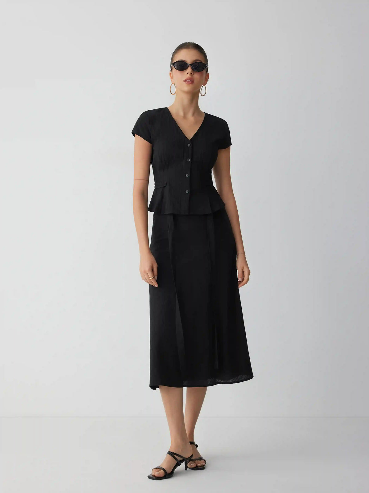 Cotton V-Neck Button Front Peplum Top & Mid Rise A-line Maxi Skirt Set With Belt